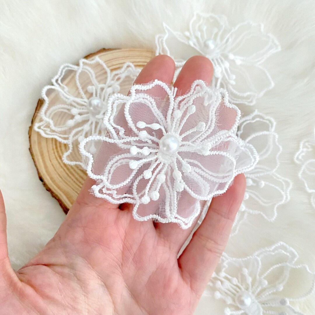 5 White Lace Flowers with Pearl Small 3D Floral Motif Applique, Organza Lace Applique, White Lace Trim, Bridal Lace Wedding Dress Sew on | MakerPlace by Michaels 5 White Lace Flowers with Pearl Small 3D Floral Motif Applique, Organza Lace Applique, White Lace Trim, Bridal Lace Wedding Dress Sew on | MakerPlace by Michaels
